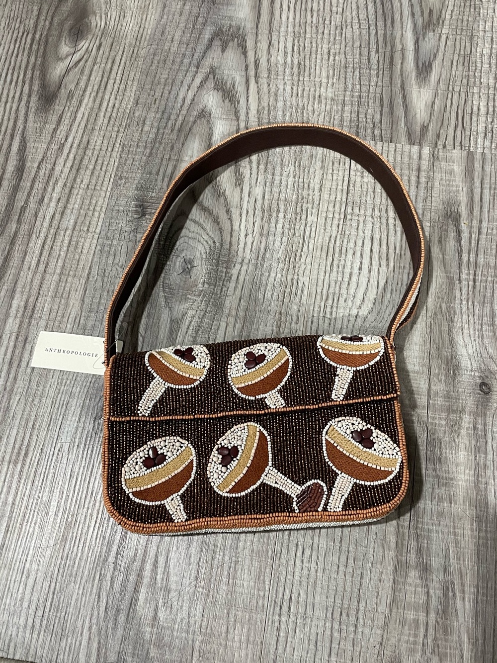 Anthropologie Brown Beaded Mini Shoulder Bag with Tan Trim